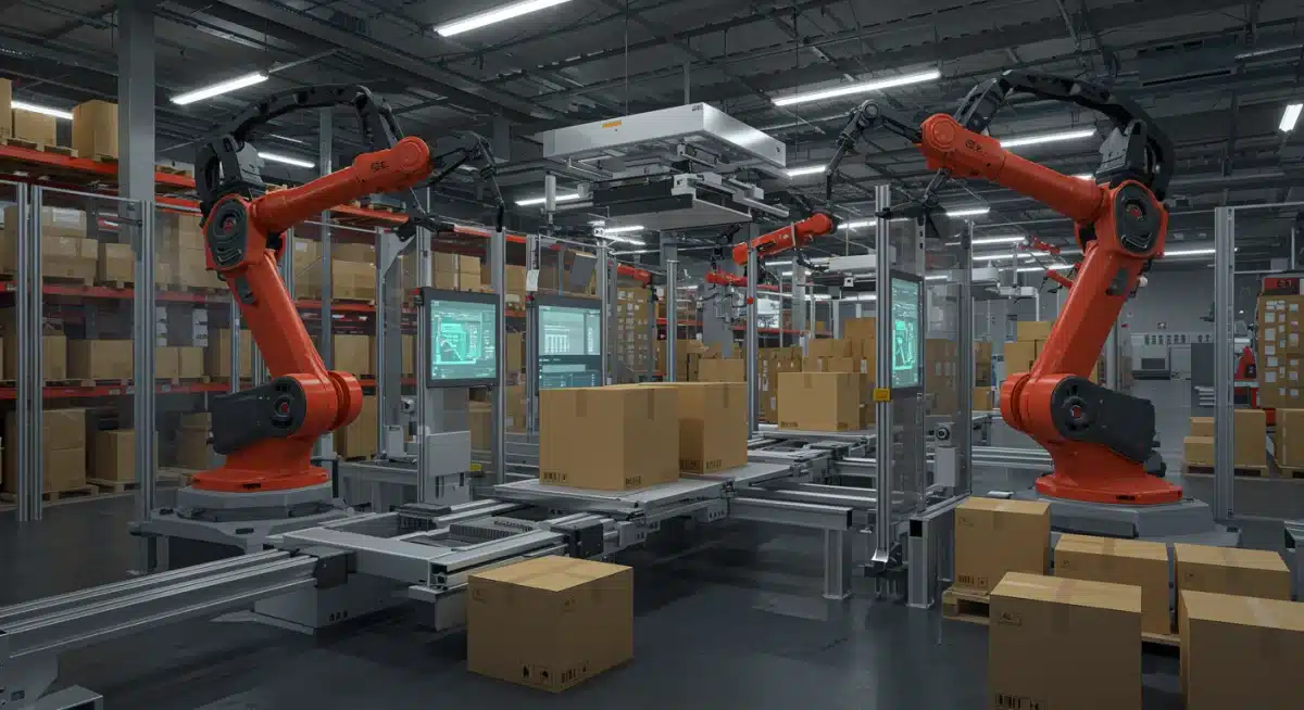 Automated warehouse with robotic systems demonstrating technological advancements in logistics and supply chain management.