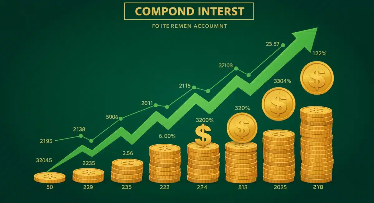 Infographic demonstrating the power of compound interest for 401(k) growth over time.
