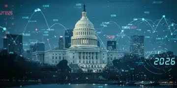 Futuristic digital cityscape representing the digital currency landscape in the US by 2026, with regulatory and financial elements.