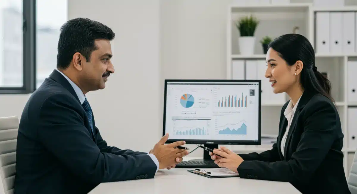 Financial advisor explaining tax implications and investment strategies to a client.