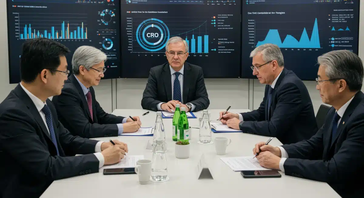 Policy makers discussing carbon emission targets and economic projections.