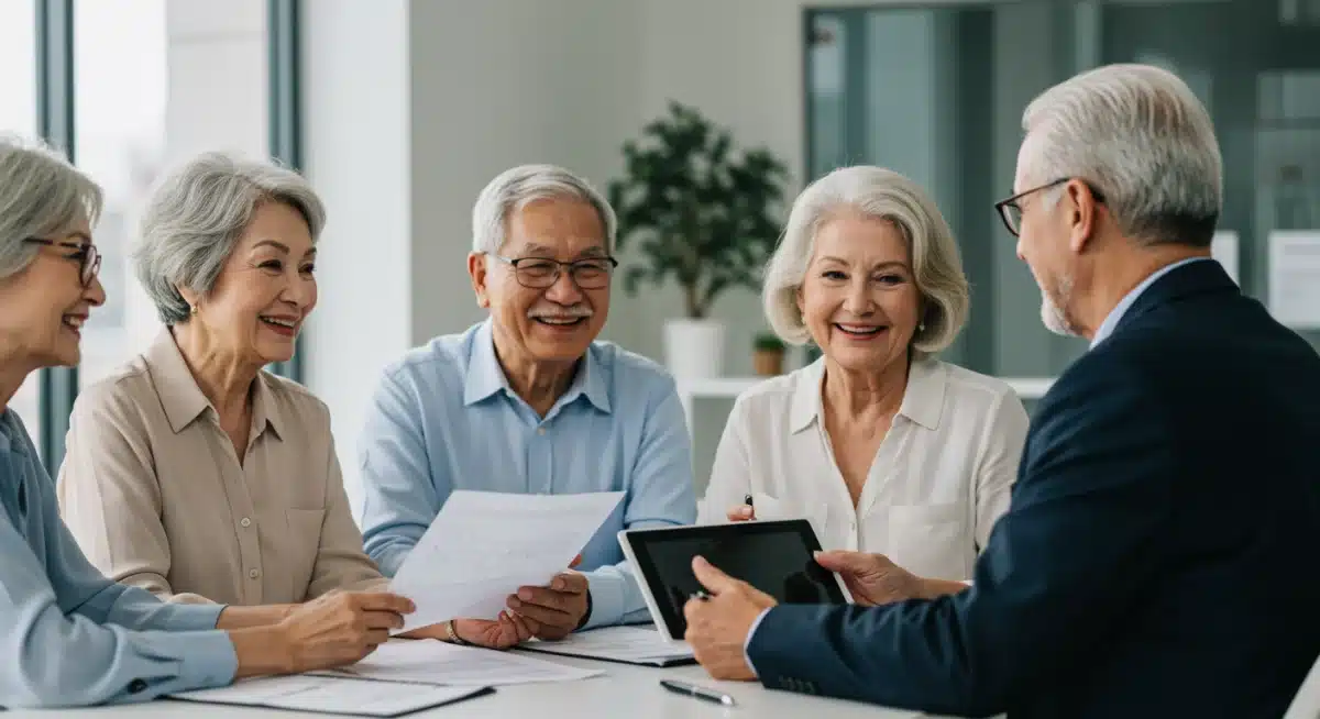 Seniors discussing financial planning with an advisor, focusing on Social Security benefits.