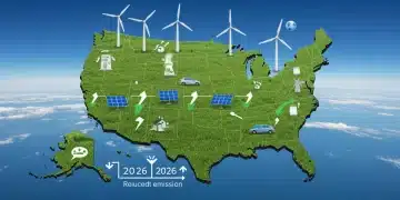 Stylized map of US with green energy symbols and 2026 timeline for climate policy changes.