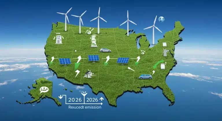 Stylized map of US with green energy symbols and 2026 timeline for climate policy changes.
