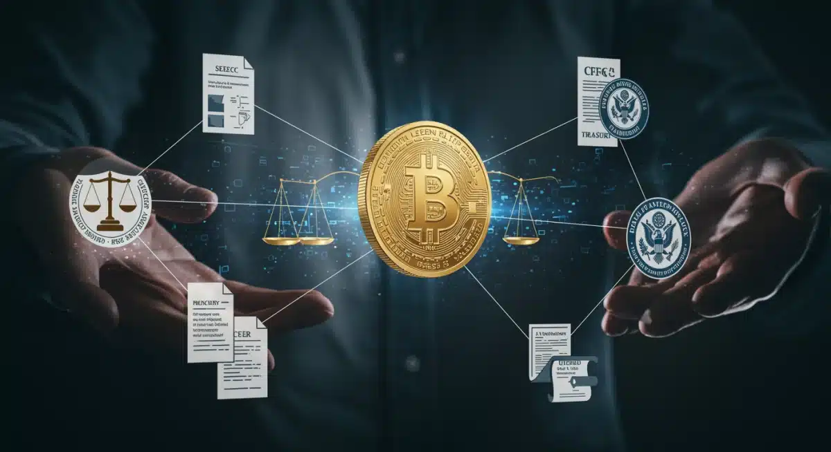 Complex US regulatory framework for digital currencies with symbols of government agencies and legal documents.