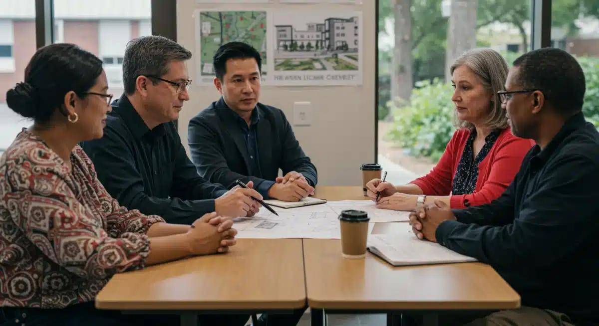 Community members and local officials discussing plans for a new public utility project.