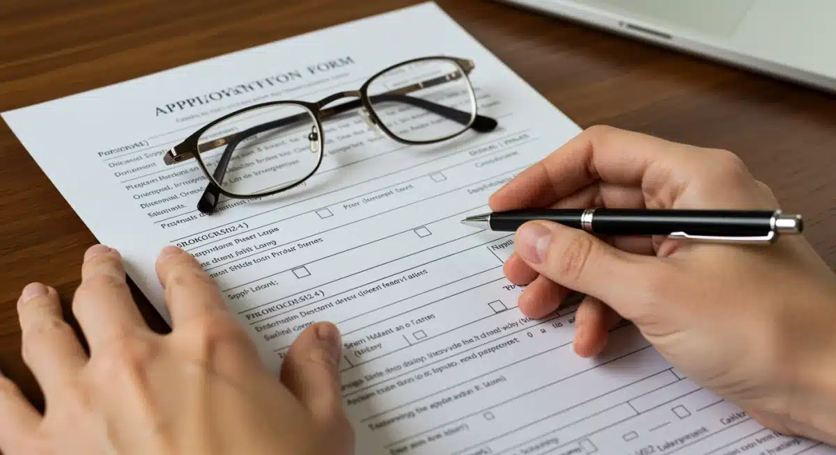 Person filling out a detailed disability benefits application form with a pen and glasses