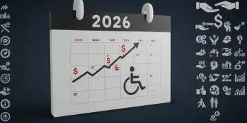 Calendar showing 2026 with symbols for financial growth and accessibility related to disability benefits