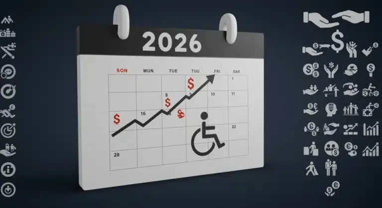 Calendar showing 2026 with symbols for financial growth and accessibility related to disability benefits