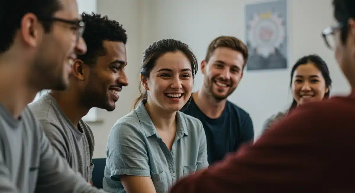 Diverse group of people in a disability support group, smiling and interacting