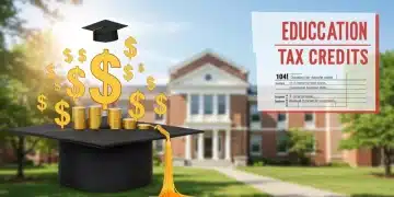Graduation cap with dollar signs and tax form, representing education tax credit savings.