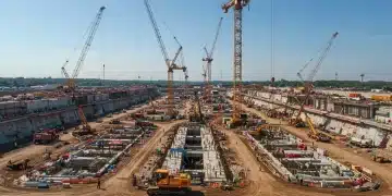 Construction site bustling with activity, symbolizing new federal infrastructure projects