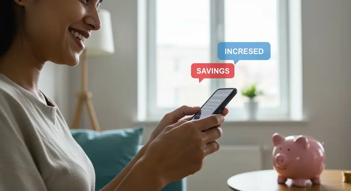Person smiling at phone showing increased savings, symbolizing financial well-being.