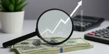 Stack of dollar bills with magnifying glass and rising graph, symbolizing high-yield savings growth.