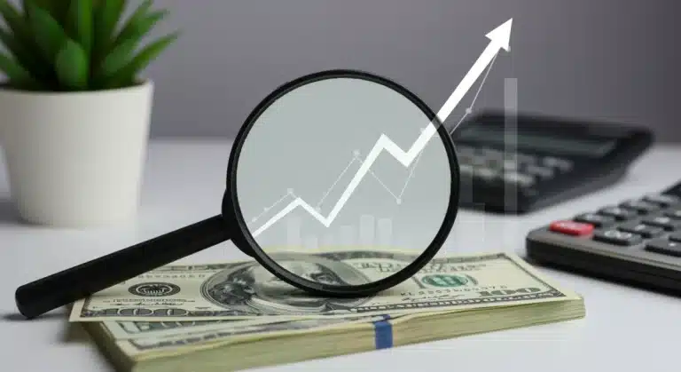 Stack of dollar bills with magnifying glass and rising graph, symbolizing high-yield savings growth.