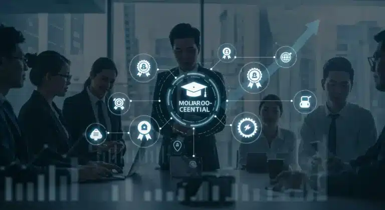 Professionals gaining skills through micro-credentials for career advancement and financial growth.
