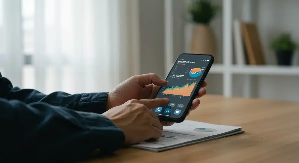 Individual monitoring credit score and financial accounts on a mobile app.