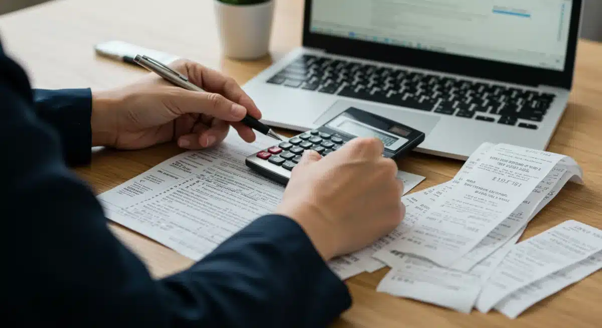 Individual meticulously preparing tax forms with educational receipts and laptop.