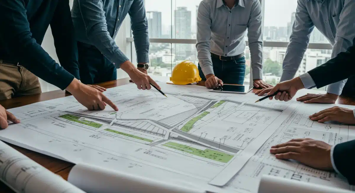 Engineers reviewing blueprints for a modern bridge, symbolizing transportation infrastructure upgrades.