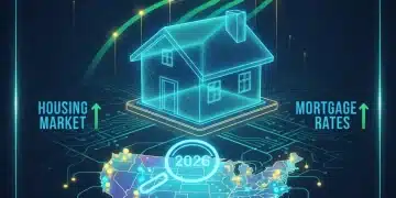 Futuristic infographic showing 2026 US housing market trends, mortgage rates, and investment analysis.
