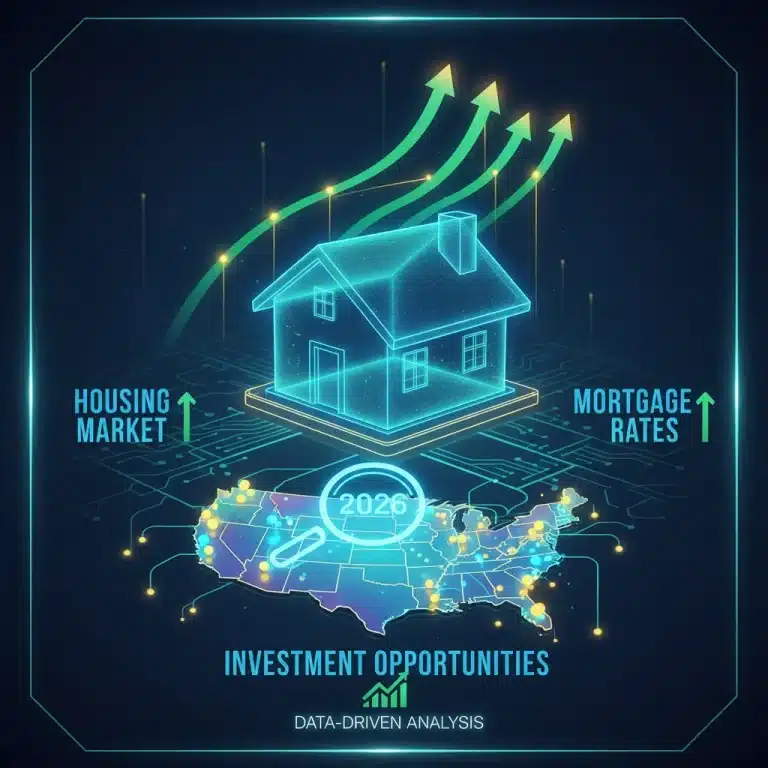 Futuristic infographic showing 2026 US housing market trends, mortgage rates, and investment analysis.