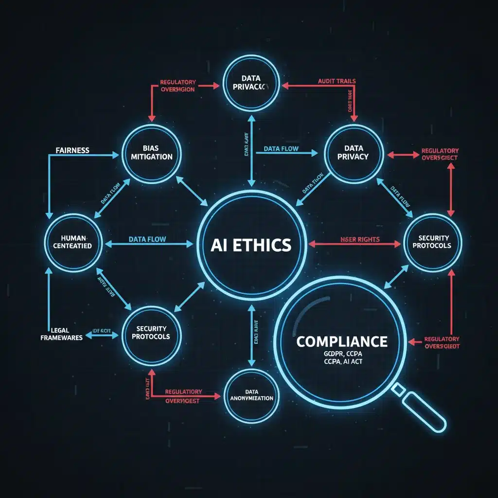 Complex network diagram illustrating interconnected AI ethics, data privacy, and accountability within 2026 federal regulations.