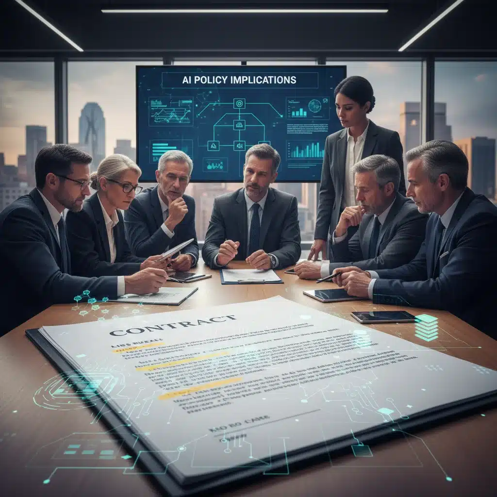 Professionals discussing legal documents and AI algorithms, representing the complexity of Federal AI Regulations 2026.