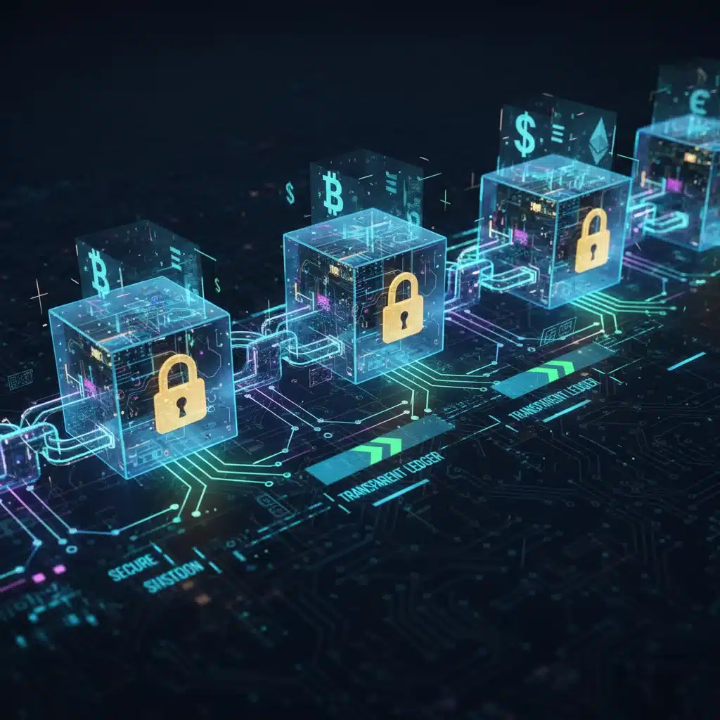 Blockchain technology securing financial transactions with cryptographic locks.
