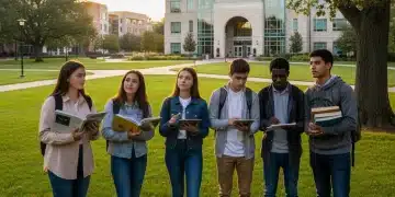 Students contemplating college admissions in front of a university campus