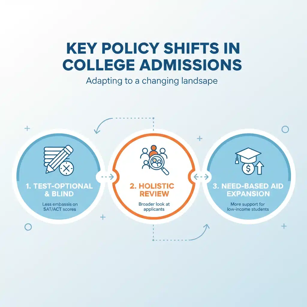 Infographic illustrating three major college admissions policy changes