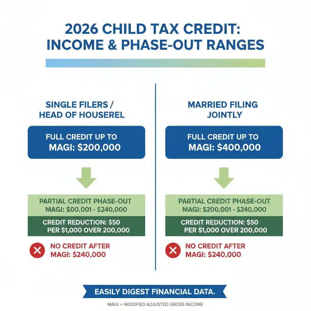 Infographic detailing 2026 Child Tax Credit income phase-out thresholds