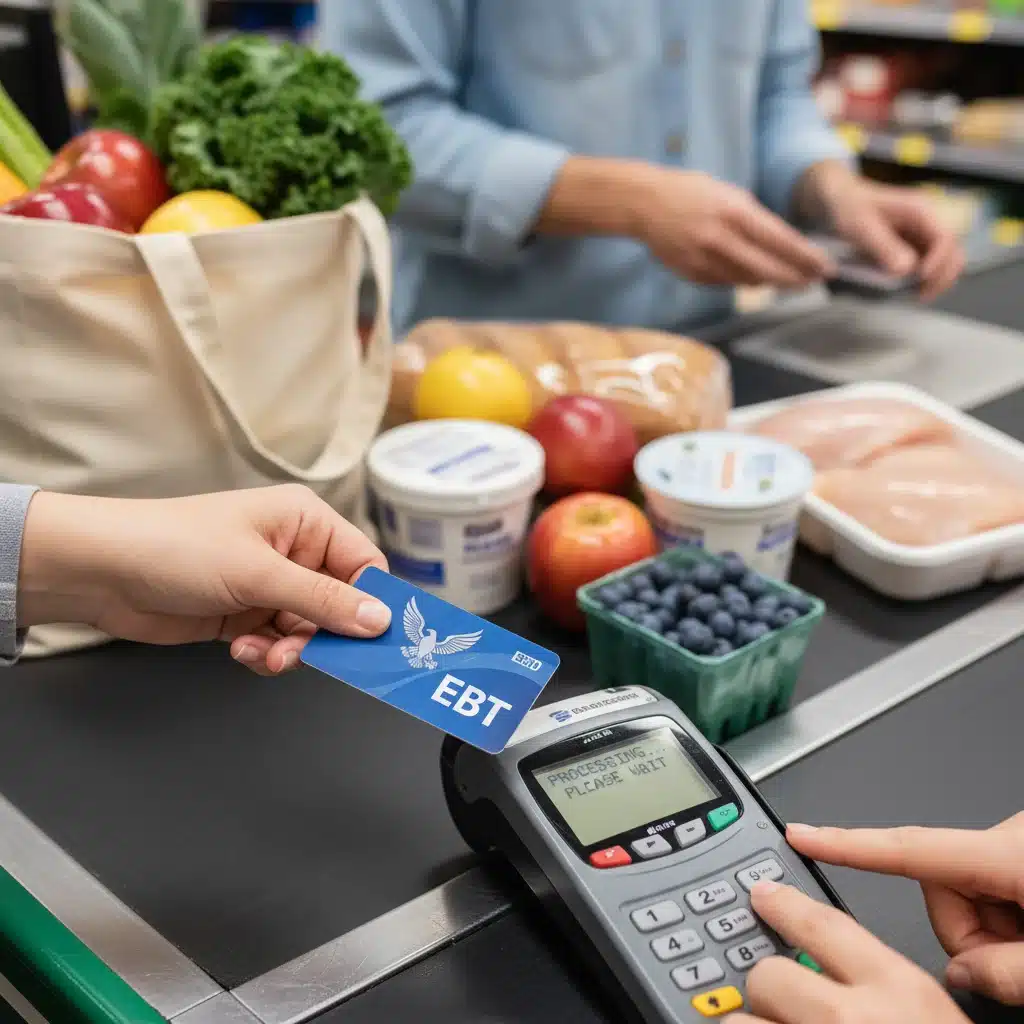 EBT card being used at a grocery store checkout.