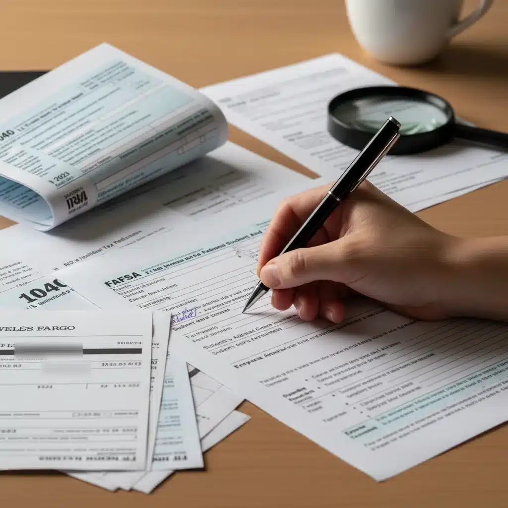 Hands meticulously filling out a FAFSA form with financial documents.
