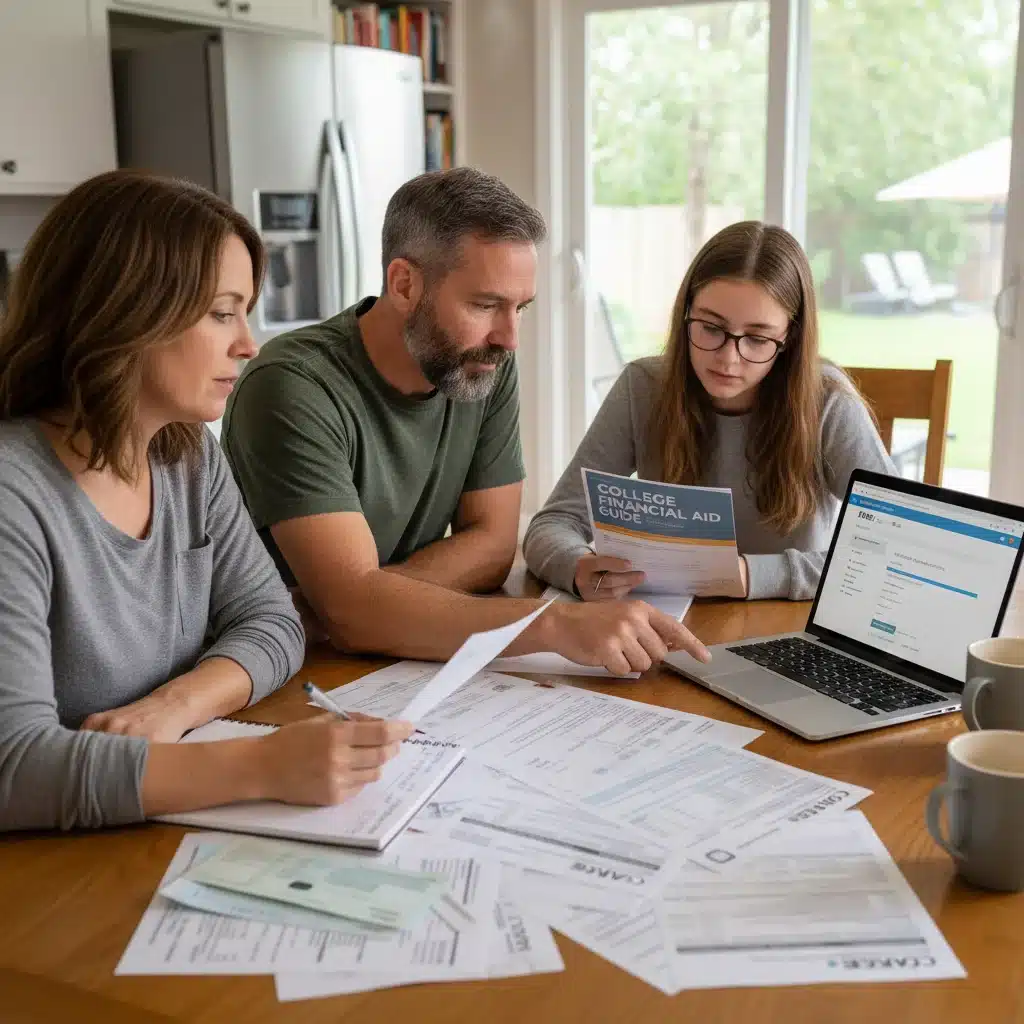 Family reviewing FAFSA documents and discussing college financial aid planning at home.
