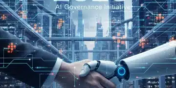 Federal AI Regulations 2026 cityscape with human and robot hands shaking, symbolizing ethical AI governance and compliance.
