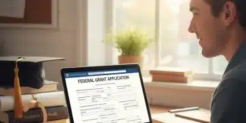 Student researching federal grants on laptop, symbolizing financial aid success.