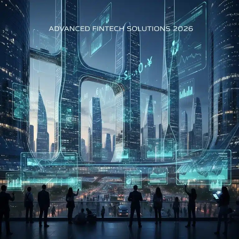 Futuristic city skyline with digital financial data, symbolizing cutting-edge fintech innovations.