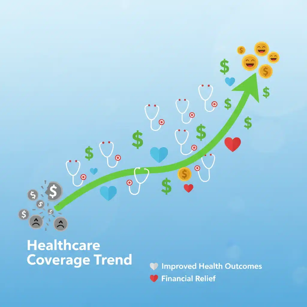 Graphic illustrating rising healthcare coverage and improved health outcomes