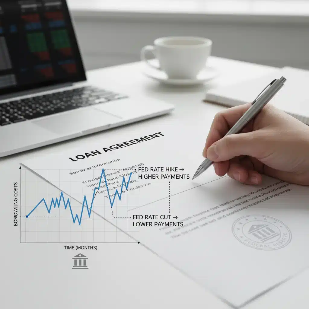 Loan agreement document with a pen and a graph showing borrowing cost fluctuations.