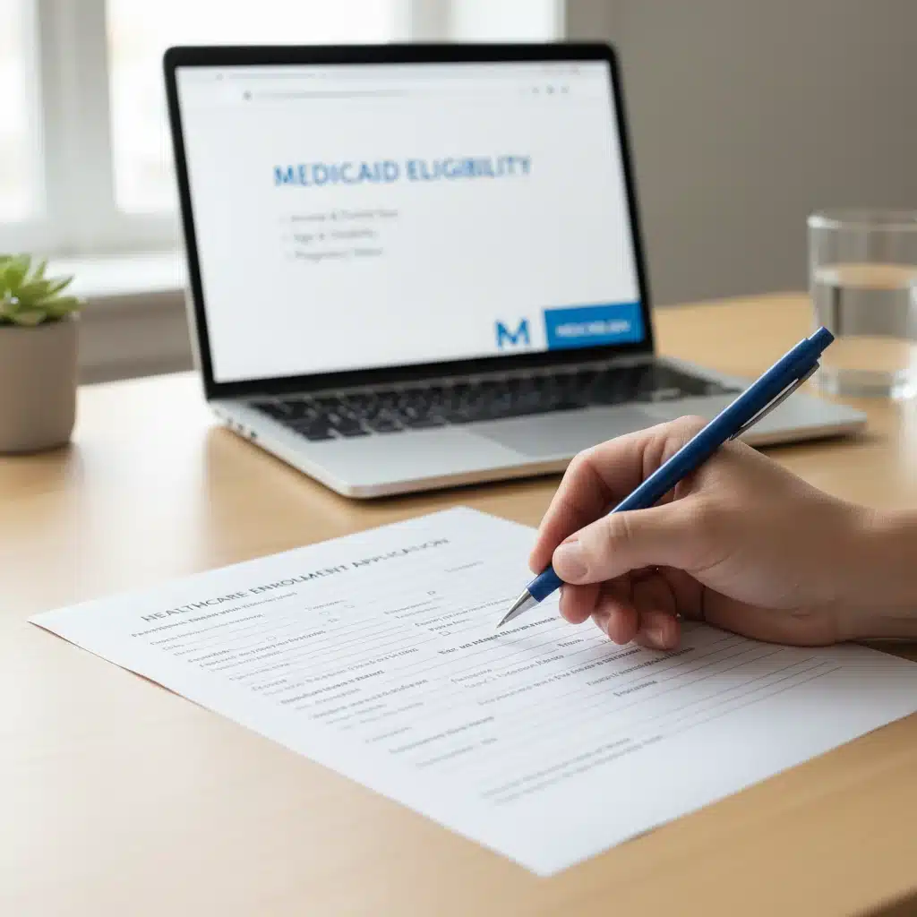 Person filling out Medicaid enrollment form with laptop