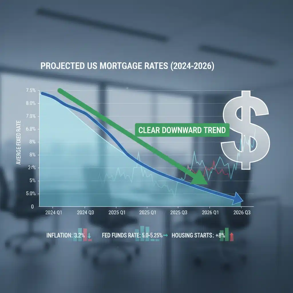 Projected mortgage rate fluctuations chart for 2024-2026 with a downward trend.