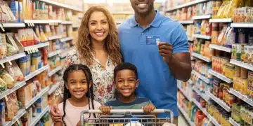 Happy family shopping with an EBT card, symbolizing SNAP benefits.