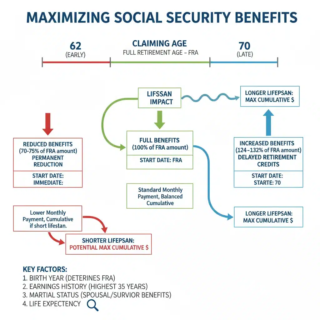 Diagram illustrating Social Security benefit maximization strategies and claiming age impact.