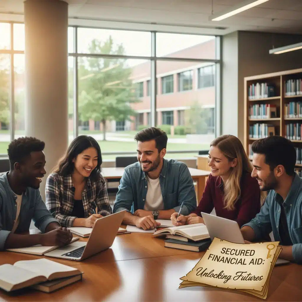 Diverse students collaborating in university library, benefiting from financial aid access