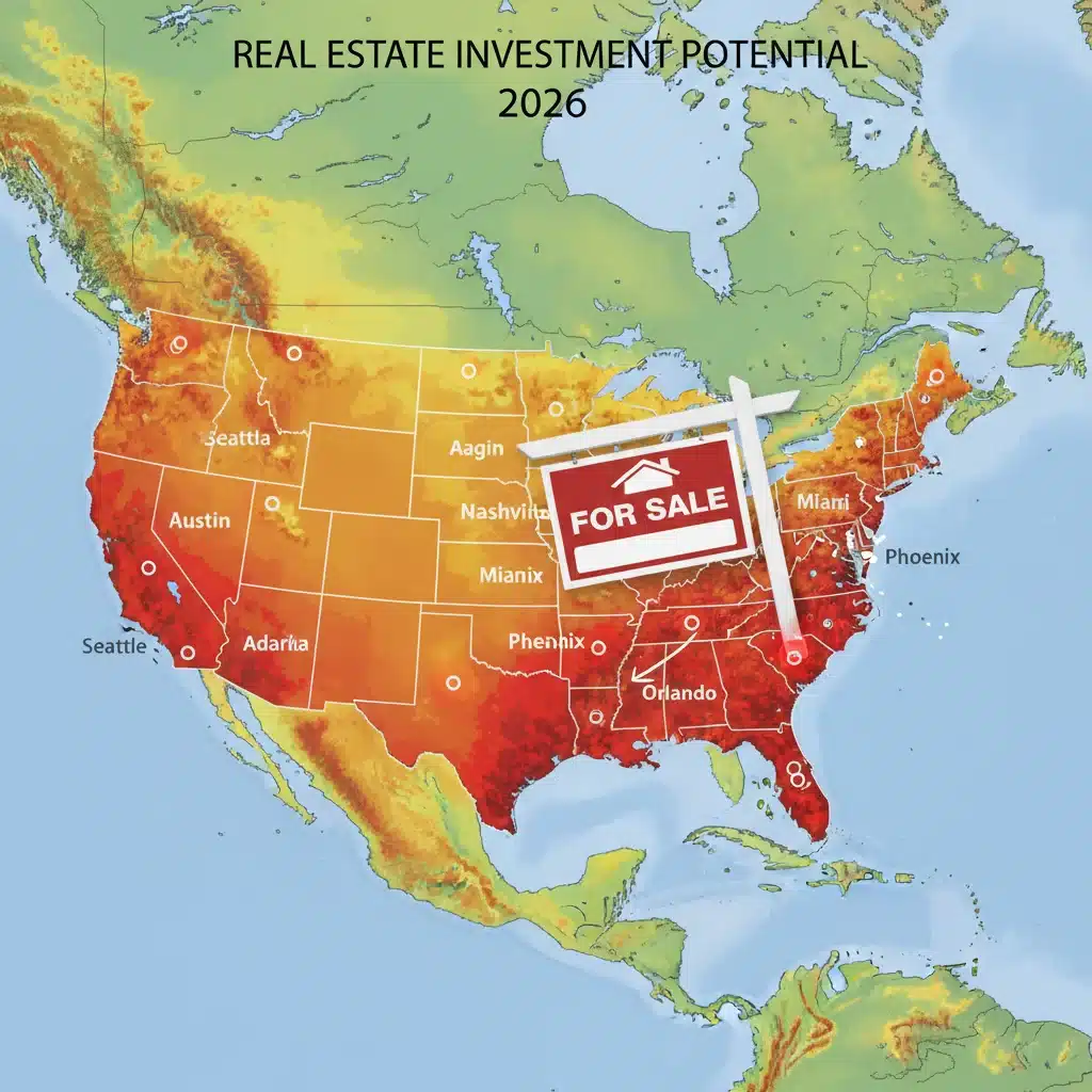 US heat map showing high-potential real estate investment regions for 2026.
