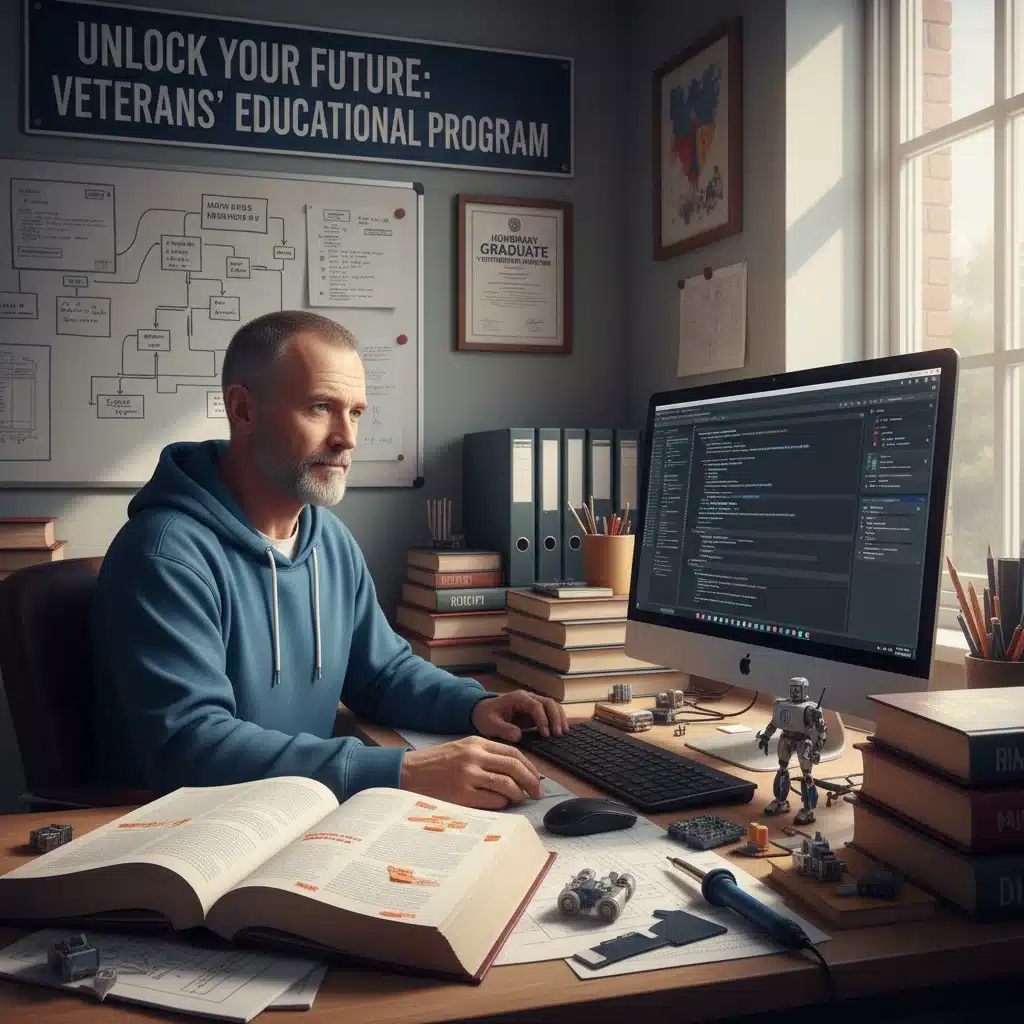 Veteran studying at a computer using educational benefits.
