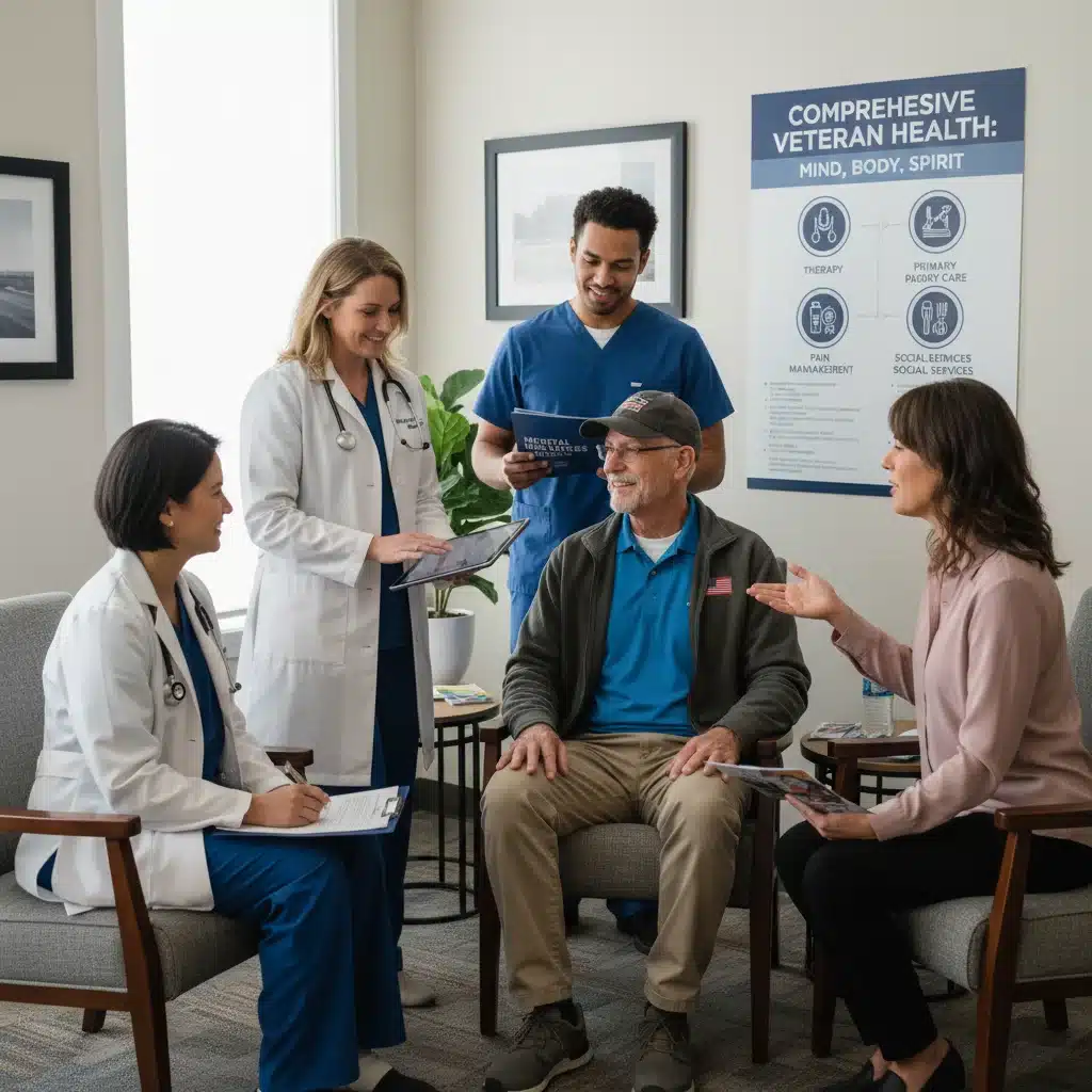 Healthcare professionals assisting a veteran in a clinic.