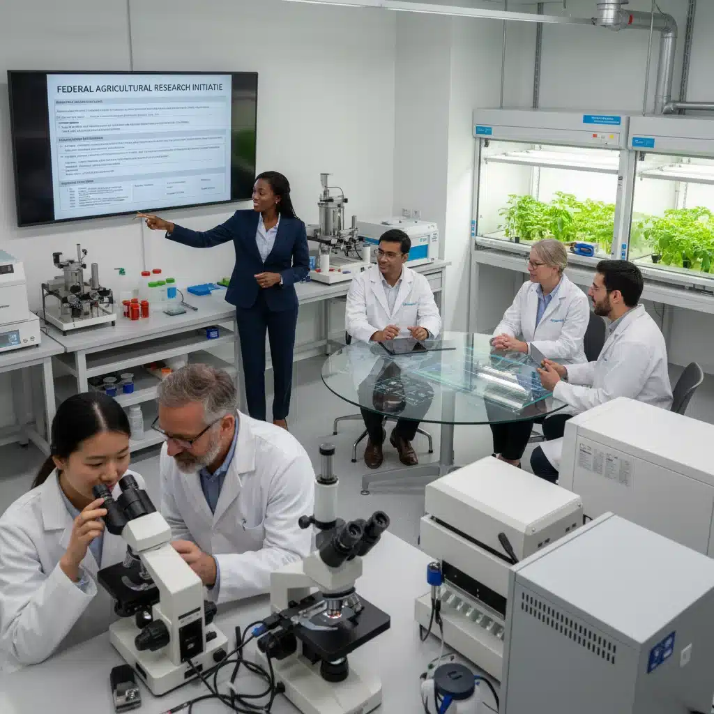 Agricultural researchers and federal officials collaborating in a lab on sustainable farming initiatives.