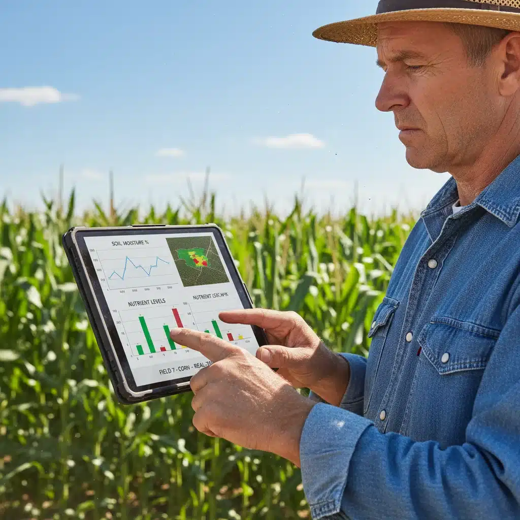 Farmer using a tablet for real-time agricultural data analysis in a cornfield.
