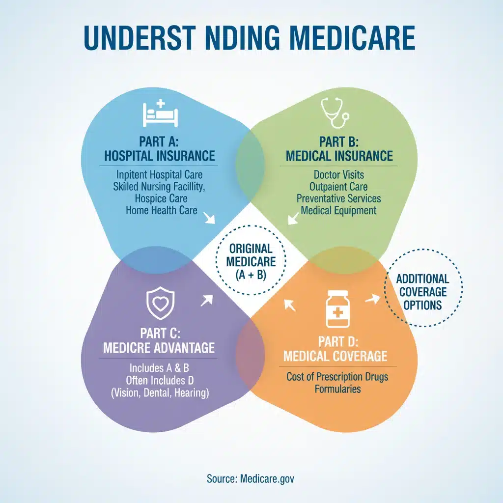 Infographic showing Medicare Parts A, B, C, and D with their respective coverage areas.